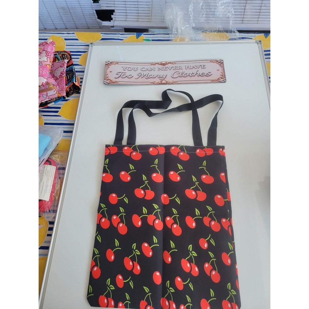 Black Cherry Print Tote Bag Reusable Shopping Shoulder Bag Retro Fruit Pattern‎